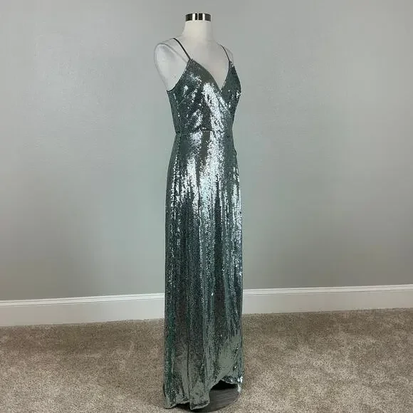 Aidan Mattox Sequined Wrap Evening Gown Size 8 Sparkly Green-Blue Formal Dress - Picture 3 of 13